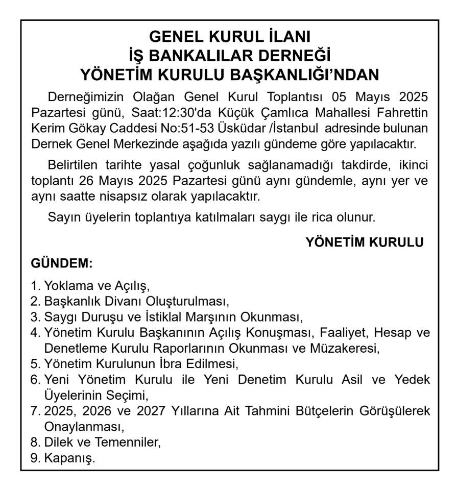 İŞ BANKLALILAR DERNEĞİ OLAĞAN GENEL KURUL